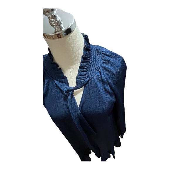 Sandro Paris V-Neck Blue Textured Mini Shift Dress Neck Tie Long Sleeve Sz 36 - Picture 5 of 16